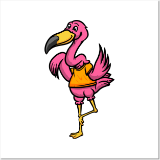 Cute Anthropomorphic Human-like Cartoon Character Flamingo in Clothes Posters and Art